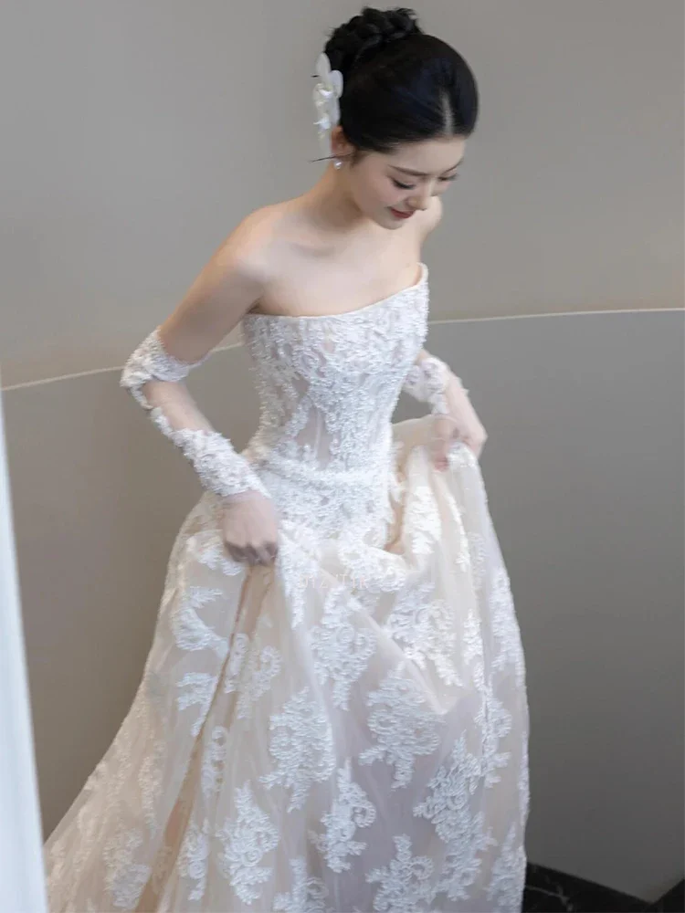 Vintage branco renda a linha vestido de casamento feminino sem alças rendas com luva vestidos de noiva simples coreia vestidos de sessão de fotos de casamento