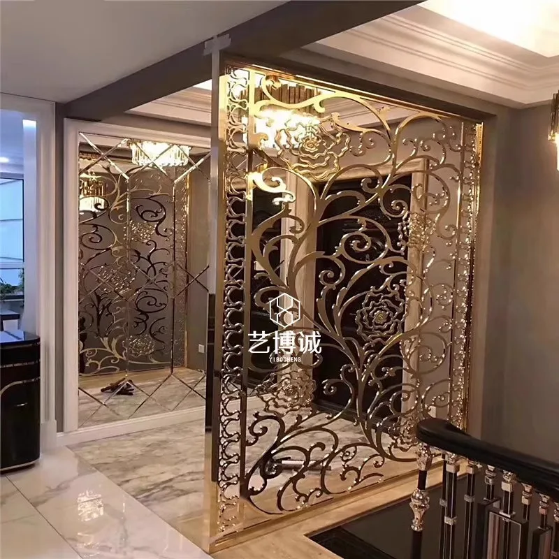 Stainless steel screen dining room living room new Chinese partition aluminum hollow hotel light luxury grid