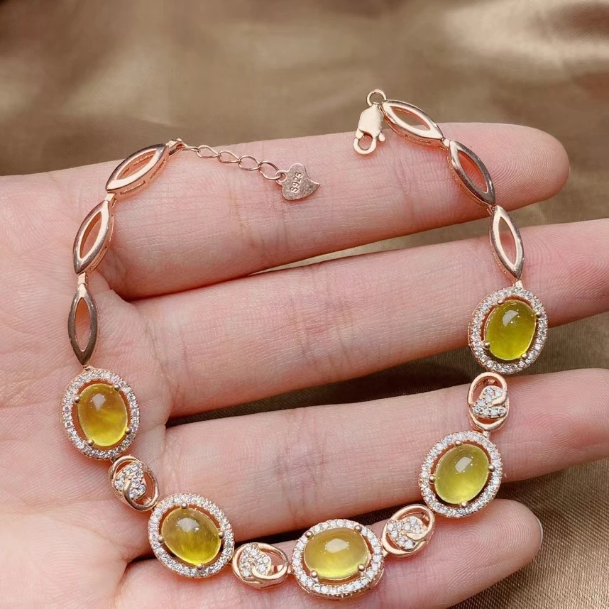 Classic925 Silver Prehnite Bracelet for Party 6mm*8mm Natural Yellow Prehnite Silver Bracelet Sterling Silver Gemstone Bracelet