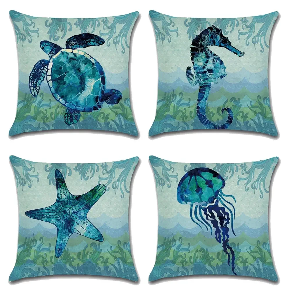 Blue jellyfish seahorse sea turtle sea star linen pillowcase sofa cushion cover home decoration can be customized for you 40x40