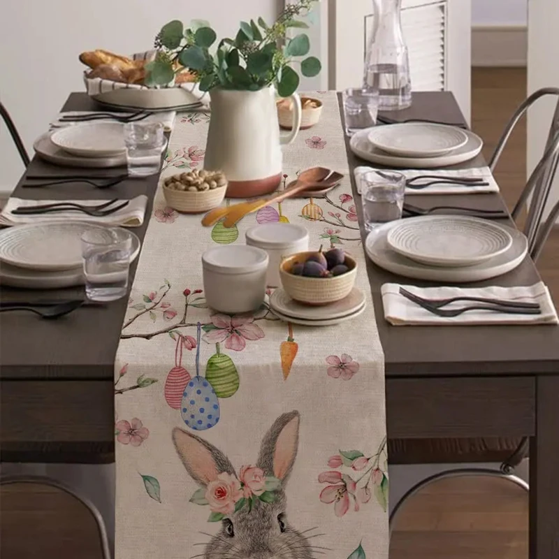 2024 Easter Rabbit Table Runner Linen Bunny Dining Table Cloth Placemat Spring Holiday Happy Easter Decoration For Home Kitchen