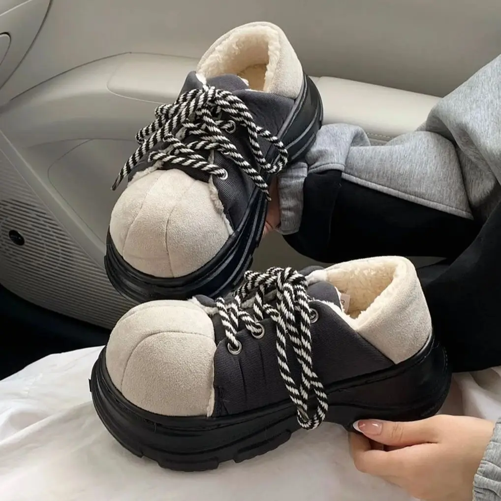Warm Versatile Fleece-Lined Cotton Shoes Women Students Outdoor Slip-Resistant Thick-Sole Color-Block Lace-Up Sneakers Soft