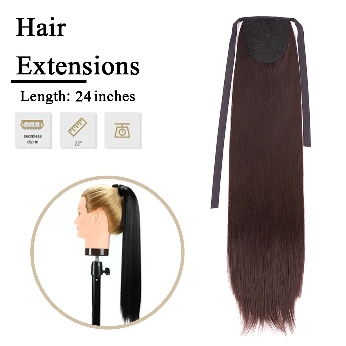 Straight Wrap Around Ponytail 24Inch Synthetic Hair Extension Ribbon Tie Long Straight Hairpiece