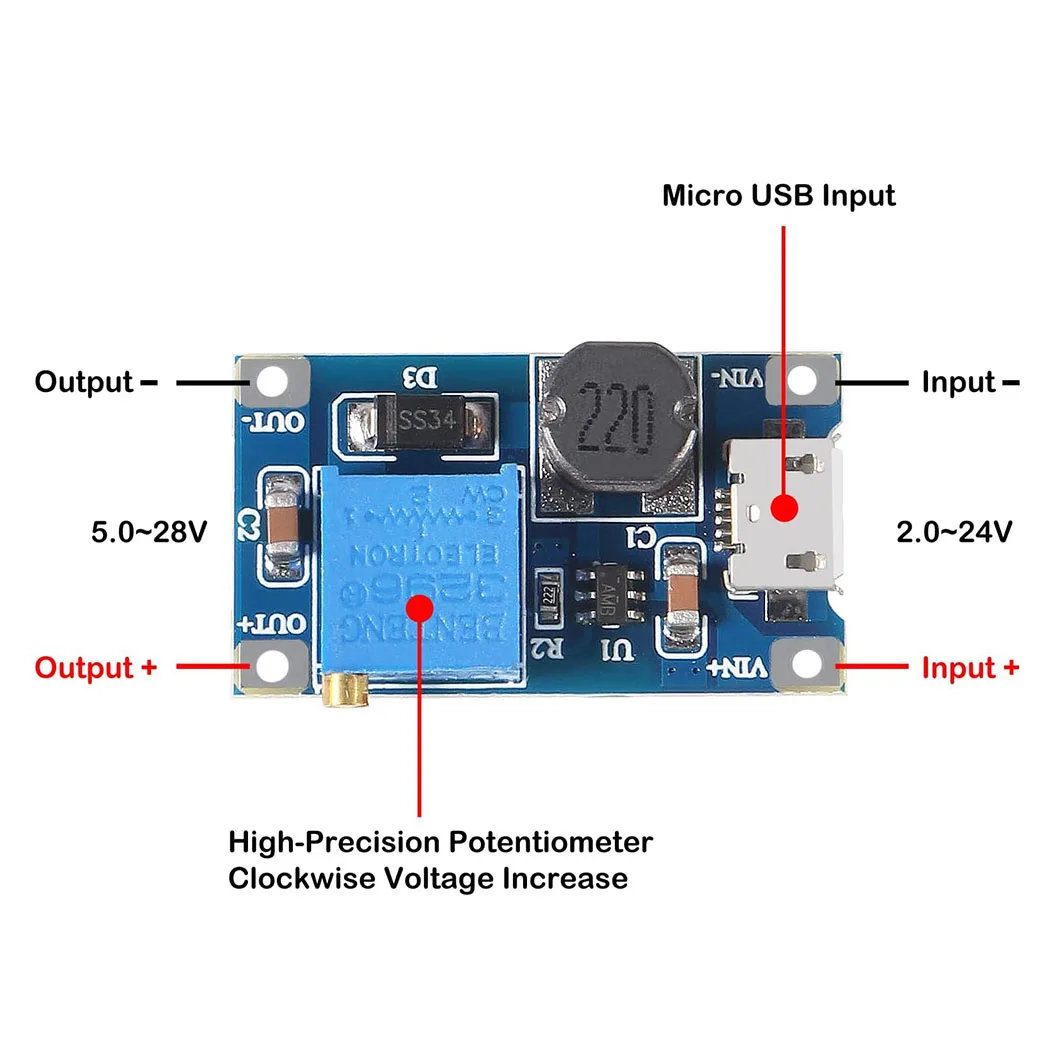 10 шт. MT3608 Регулируемый повышающий модуль, регулятор напряжения Micro USB Type-c, вилка 2 В-24 В до 5 В-28 В, 2 А, повышающий преобразователь постоянного тока в постоянный