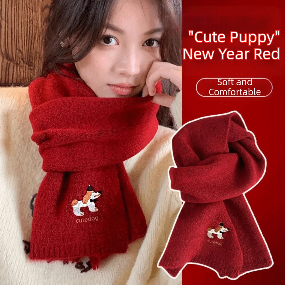 Retro dachshund cachecol de malha engrossar cão bordado xale estilo coreano cor sólida inverno lã cachecóis estudante