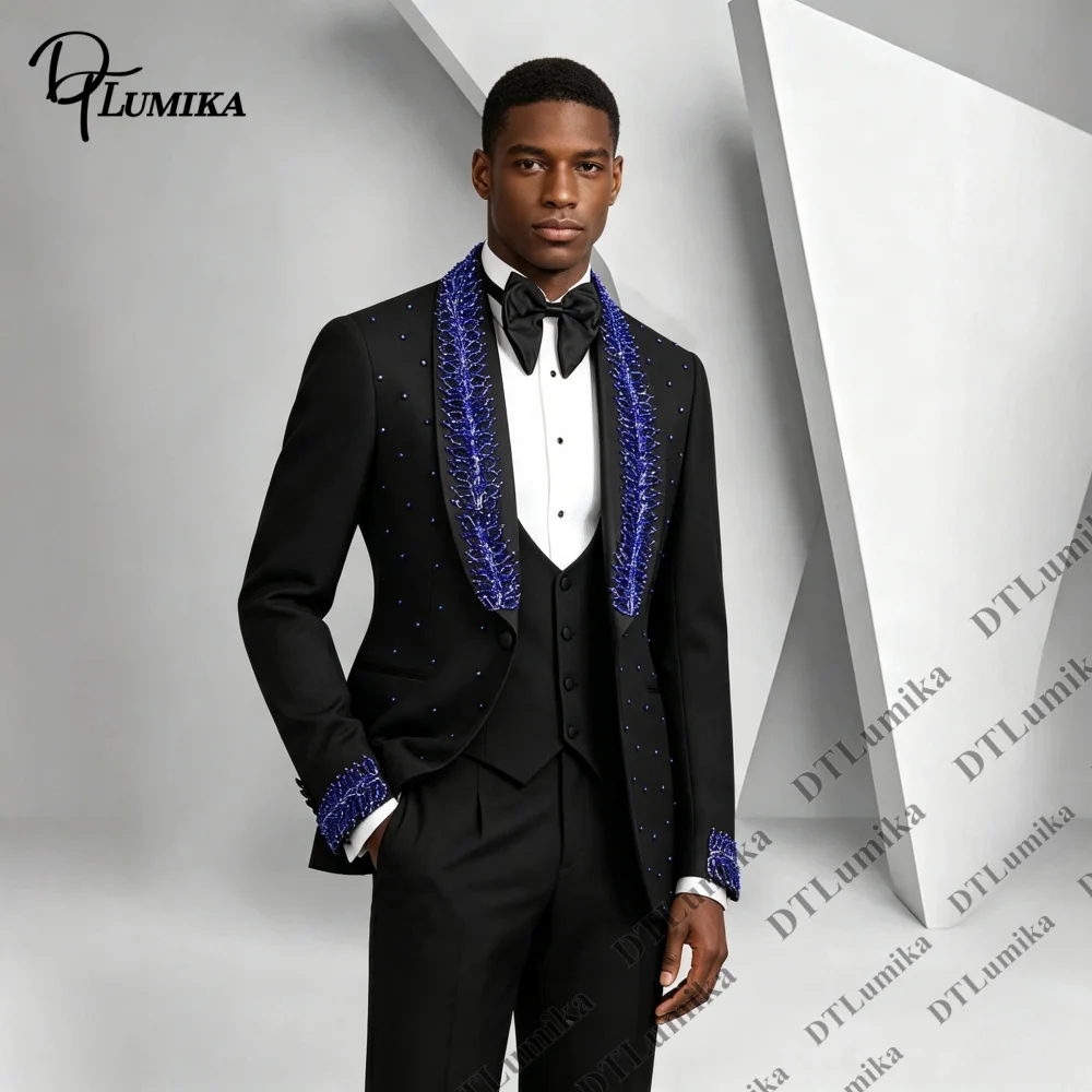 Made To Measure Formal Wedding Suits for Men 2026 Luxury Three Piece Tuxedo Set Jacket Vest Pant Crystal Decoration Plus Size