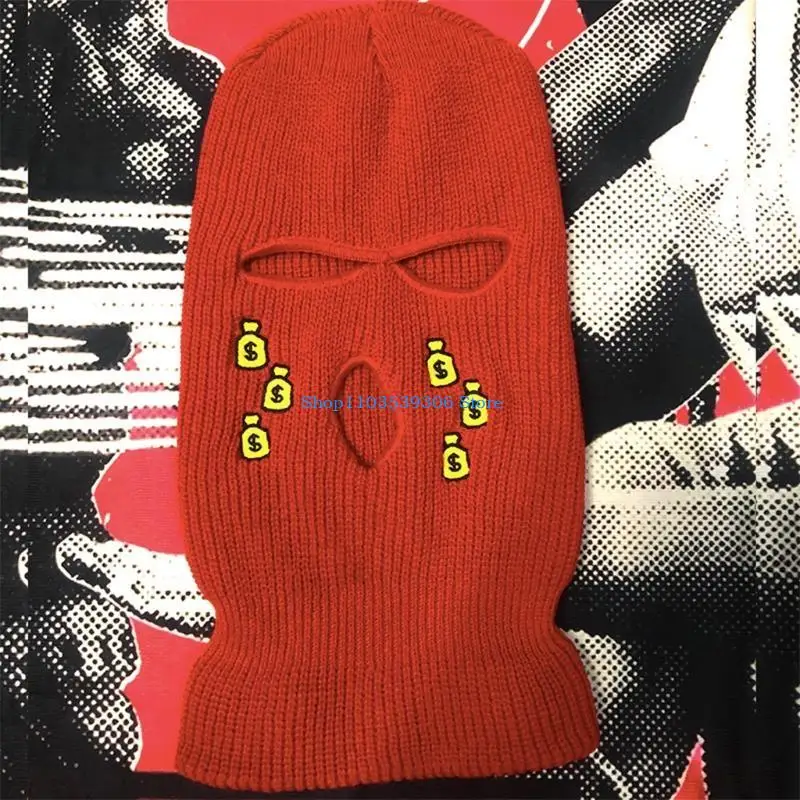 

400A 3-Hole Toasty Knit Full Face Cover Mask Dollar Embroidery Balaclava Cold Weather