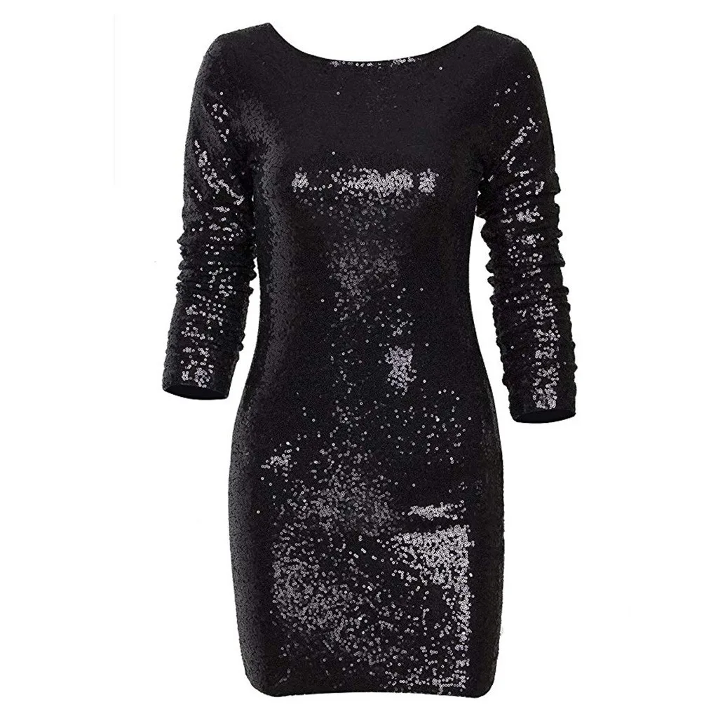 Dresses For Women 2024 Long Sleeve Crew Neck Glitter Sparkly Sequin Mini Dresses Elegant Cocktail Party Evening Dress For Women