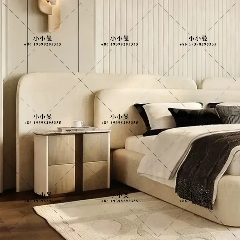 Italian Fabric Queen Size Bed Soft Upholstered Platform Bed Large Flat Headboard Modern Minimalist Luxury Double Bed for