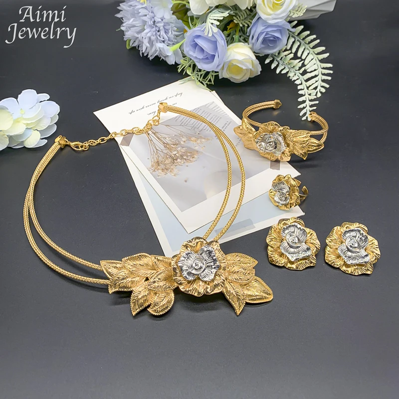 Vintage Flower Golden Choker 18K Gold Plated Jewelry Set Women Necklace Earring Bracelet Ring African Bridal Wedding Party Gifts image 5