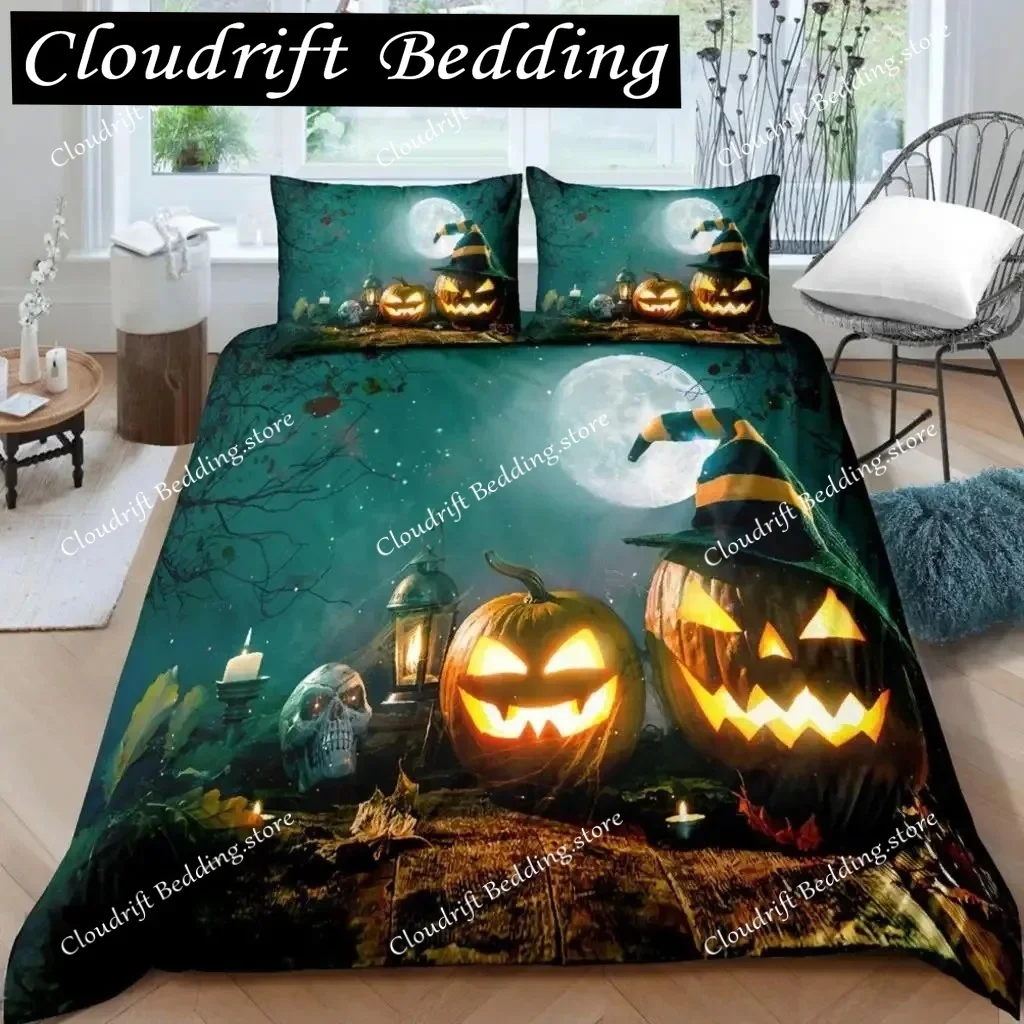 Halloween Duvet Cover Set Halloween Pumpkin Ghost Festival Themed Bedding Set for Kid Boy Teen Microfiber Queen Size Quilt Cover