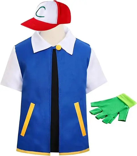 P-Pokemoning Adult Kids Unisex Anime Cosplay Ketchum Clothes Blue Jacket Costume for Halloween Party Trainer Cap Gloves