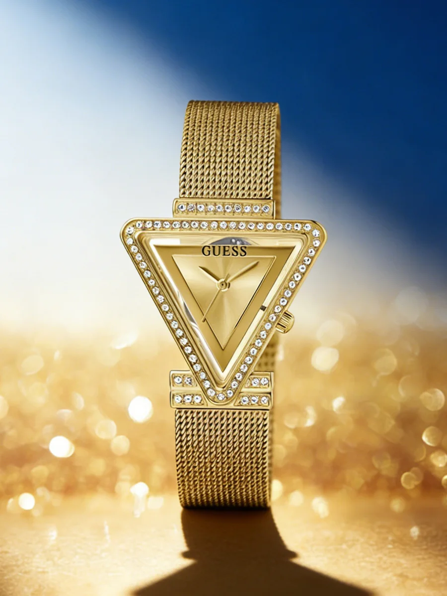

Женские кварцевые часы GUESS с золотым треугольным циферблатом, кристаллами и сетчатым ремешком: универсальный, повседневный, модный, элегантный подарок