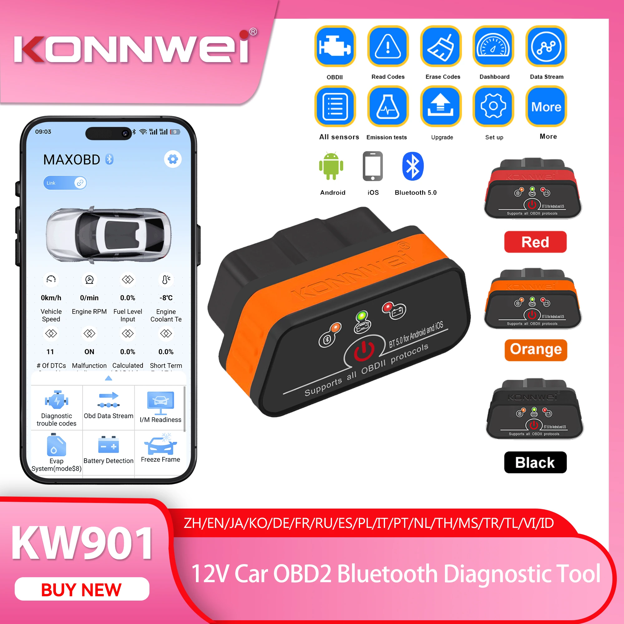 2025 New KONNWEI KW901 ELM327 V1.5 Bluetooth5.0 Car Auto OBD2 Scanner Android/IOS Car Diagnostic Tool Code Reader pk Vgate ICAR2
