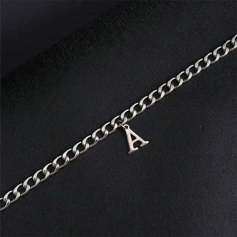 Silver Color A-Z Initial Bracelets for Men Women, Never Fade Stainless Steel Cuban Chain Bracelet with 26 Letter Alphabet