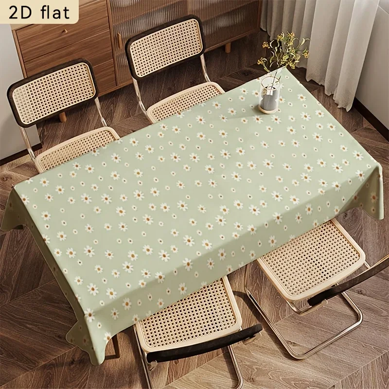 One tablecloth with sage green daisy pattern, 2D flat decoration for rectangular kitchen table.