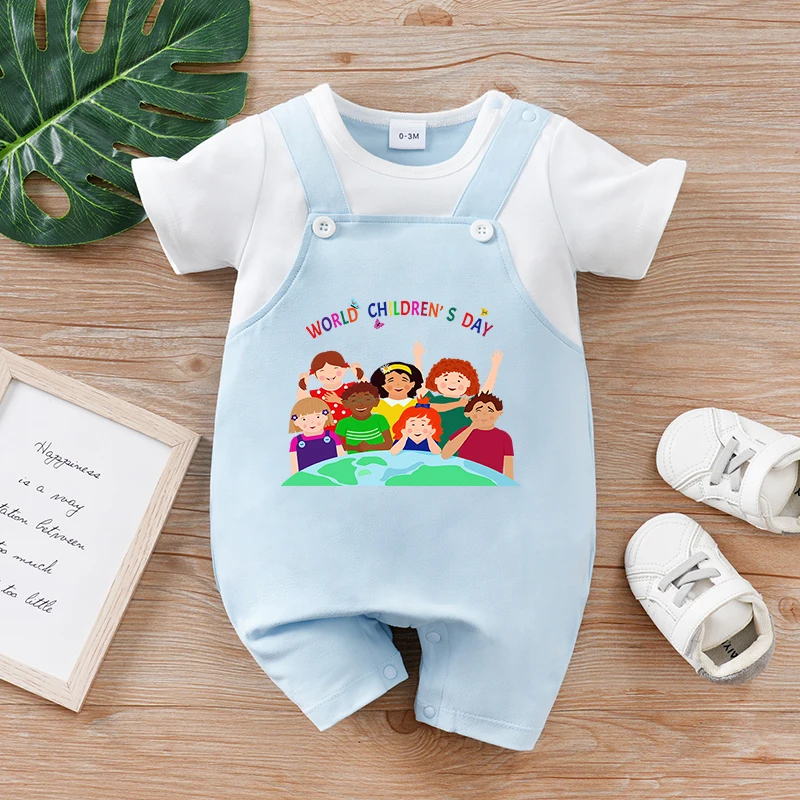 

Летние поддельные подтяжки из 2 предметов для новорожденных на День защиты детей, мягкий и удобный повседневный комбинезон с короткими рукавами и круглым вырезом