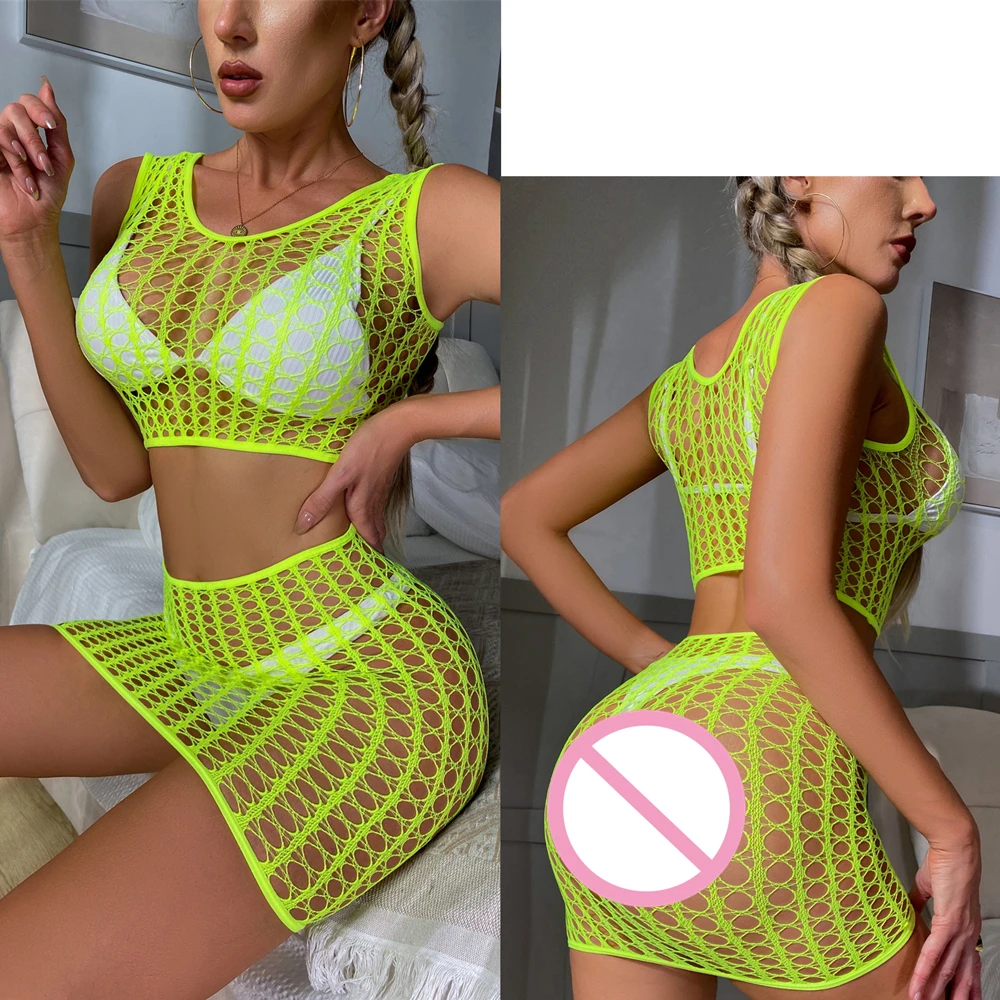 Women Bodycon Underwear Clothing Sexy Mesh Hollow Out See Through Party Club Wear Erotic Fishing Net Transparent Dresses