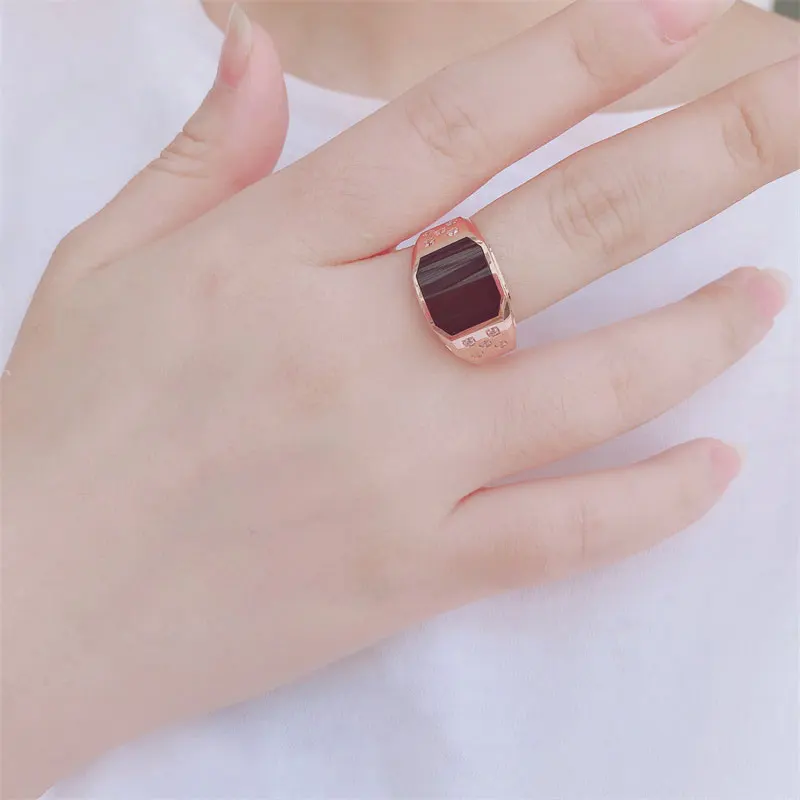 585 purple gold plated 14K rose gold square Black Onyx men rings crystal wide version business generous wedding jewelry