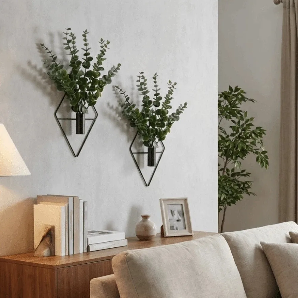 2PCS Creative Iron Rhombus Hanging Flower Vase Black Decorative Wall Mount Flower Vase Minimalist Dried Flower Holder Office