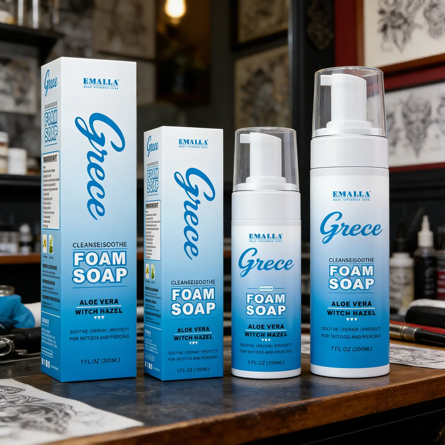 

EMALLA Grece Tattoo Clean Foam – Пенка для очищения и успокоения кожи после татуировки, для подготовки и ухода, аксессуары для тату, 150/200 мл