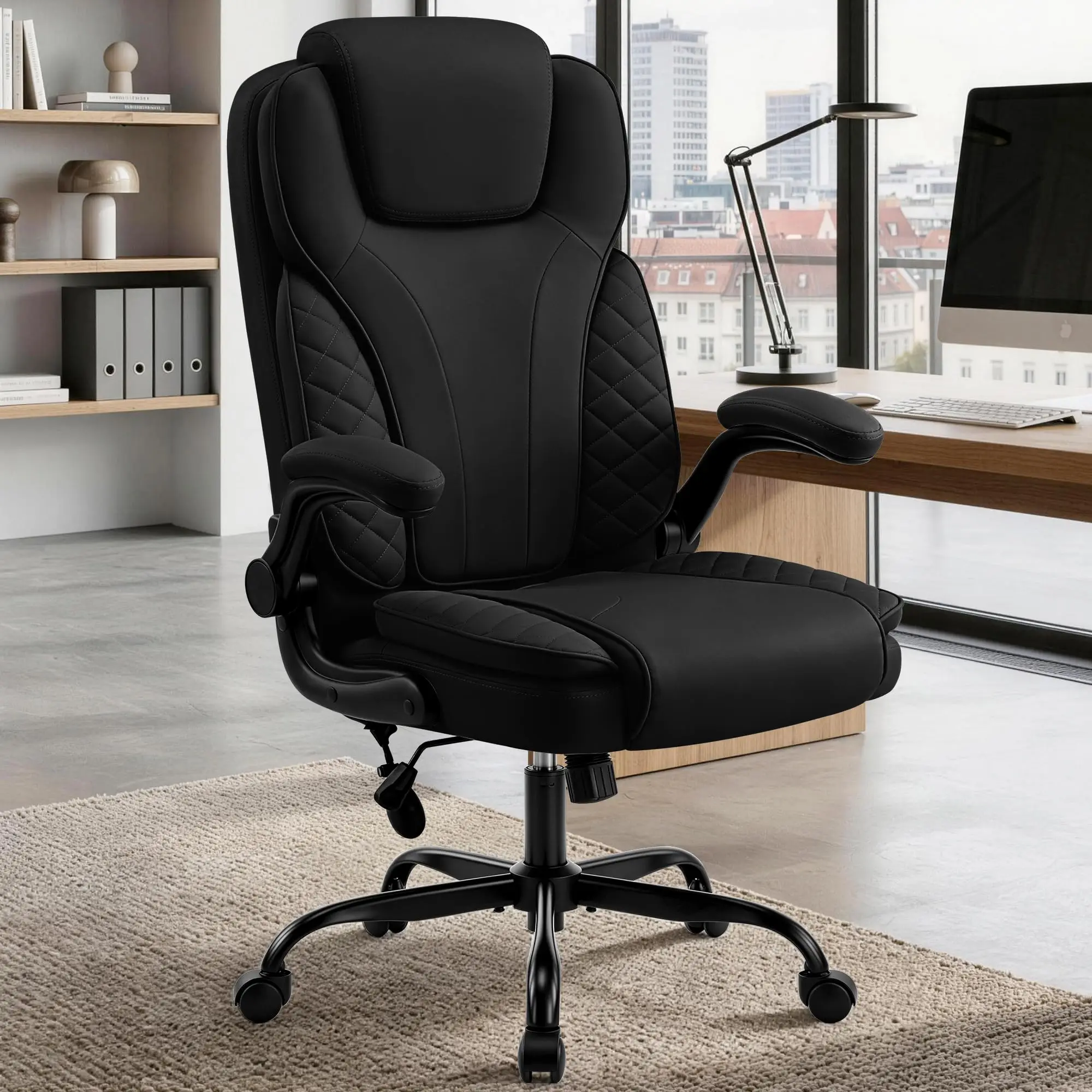 Ergonomic Office Chair, PU Leather High Back Executive Chair with Adjustable Inflatable Lumbar Support and Padded