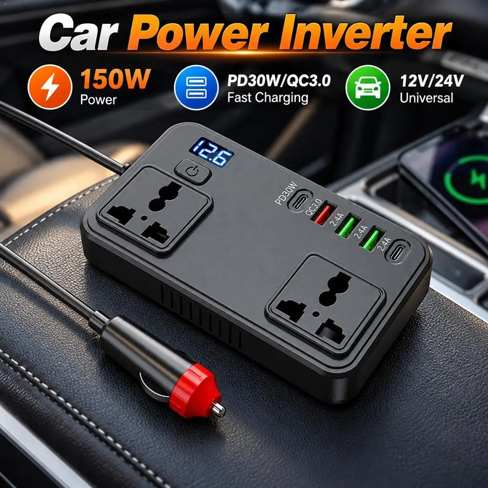 150W Car Power Inverter 12V 24V To 110V 220V Adapter Smart Digital Display PD Fast Charger Cigarette Lighter Outlet