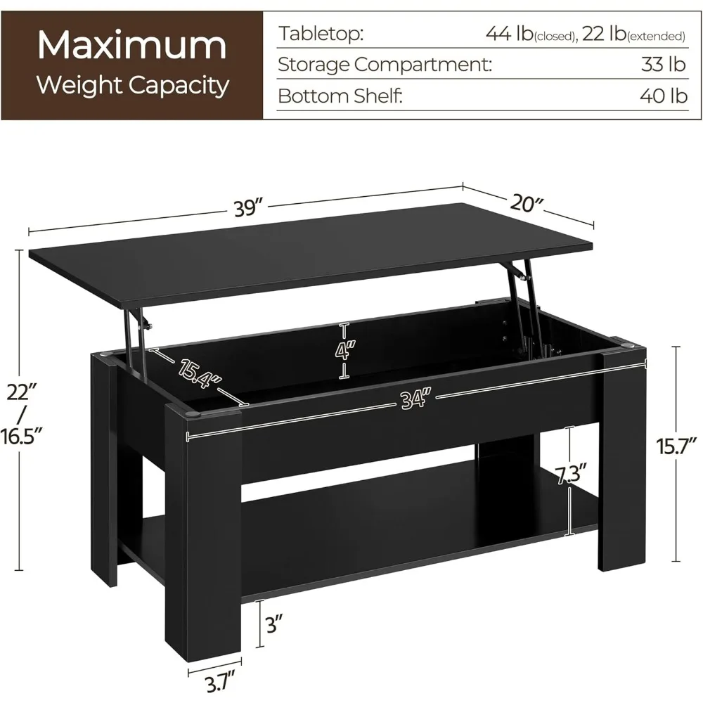 Wooden Coffee Table, Lift Top Coffee Table with Large Hidden Storage Shelf, Lift Tabletop Dining Table for Living Room, 38.6in