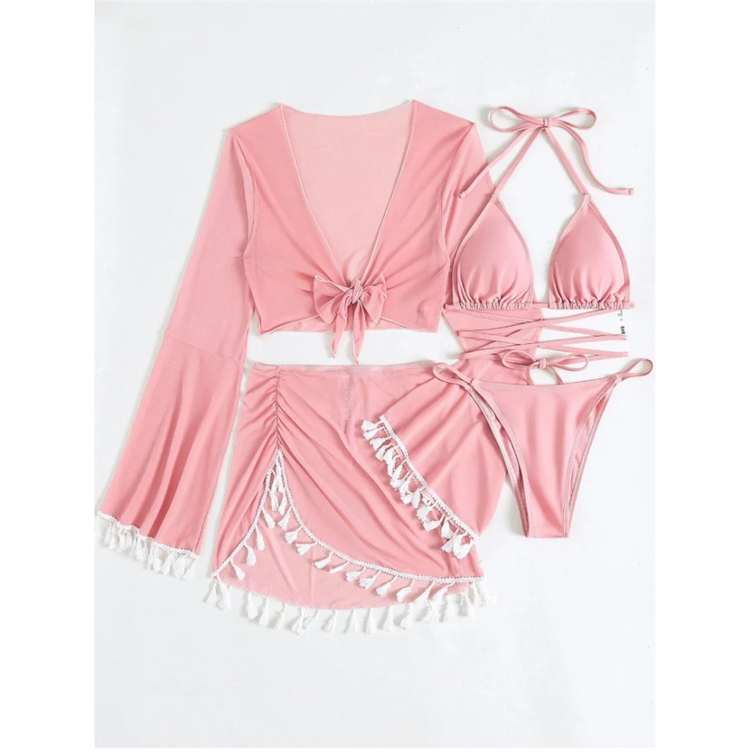 S - XL, mit Fransenrock, langärmeliges Bikini-Set für Damen, Badebekleidung, vierteiliges Bikini-Set, Badeanzug, Badebekleidung, Modell V7060. – Detail 38