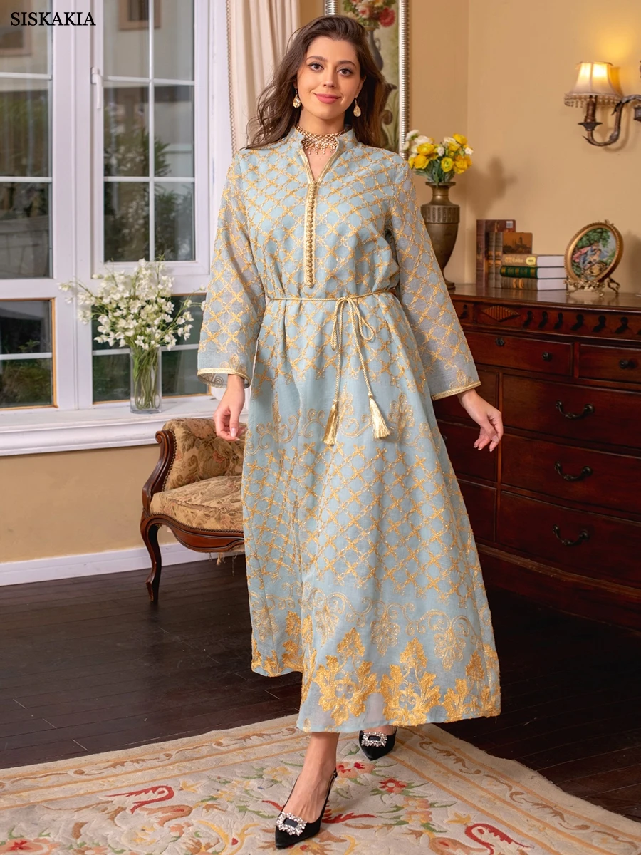 Ramadan Dresses Elegant Ethnic Floral Embroidery Kaftan Dress Moroccan Muslim Dubai Abaya Luxury Women Clothes 2023