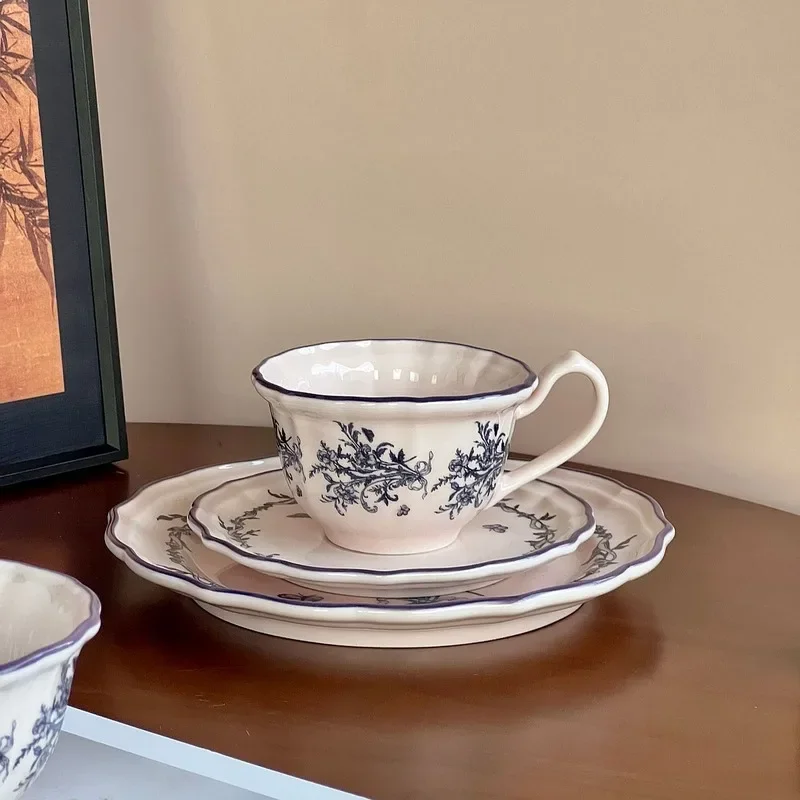 European Blue White Purple Orchid Pattern Porcelain Rice Bowl Coffee Cup Saucer Set Home Tableware Gift Ceramic Dinnerware