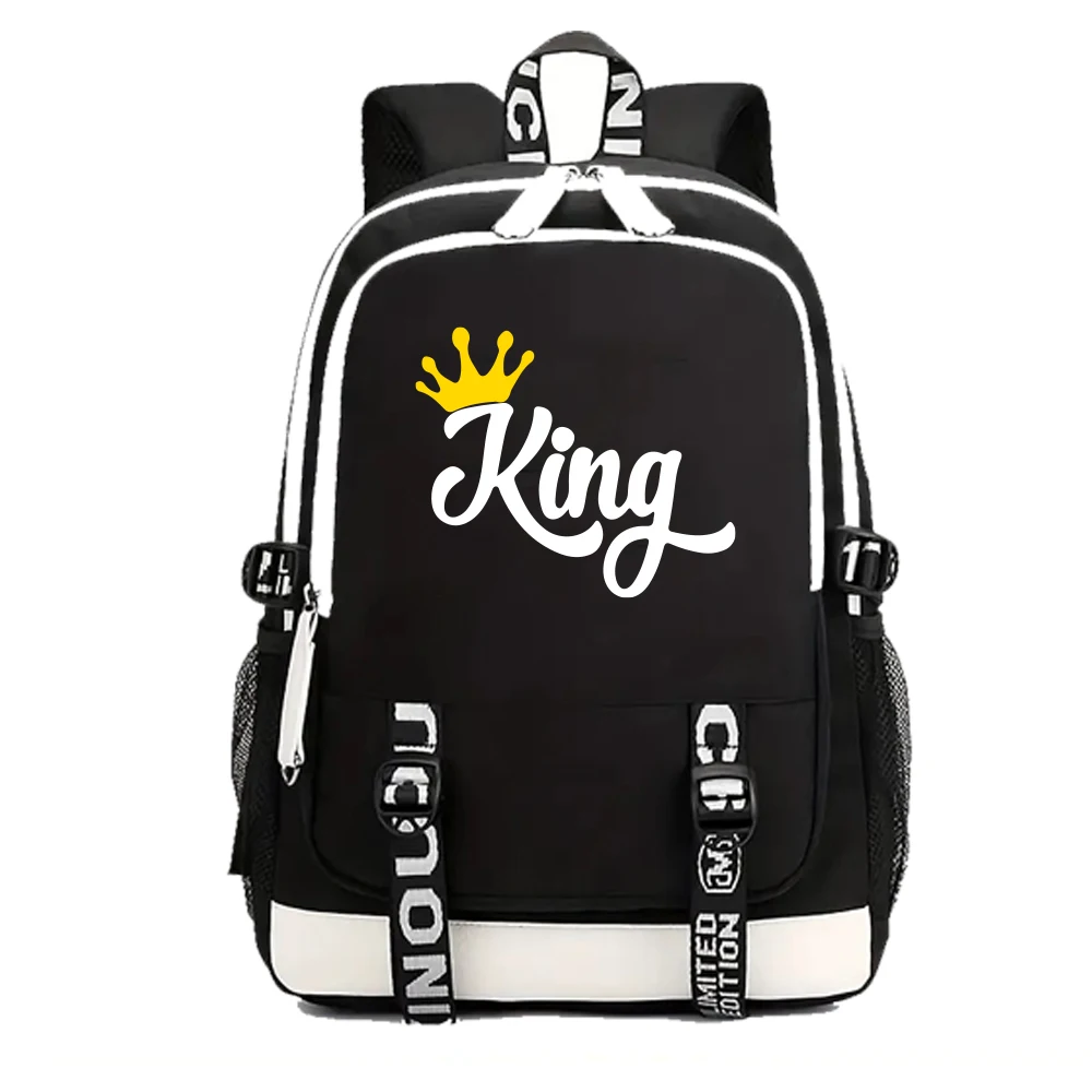 King Queen Letter Print Backpack Women Girls Fashion Travel Adjustable Shoulder Backpacks Outdoor School Bag for Couple
