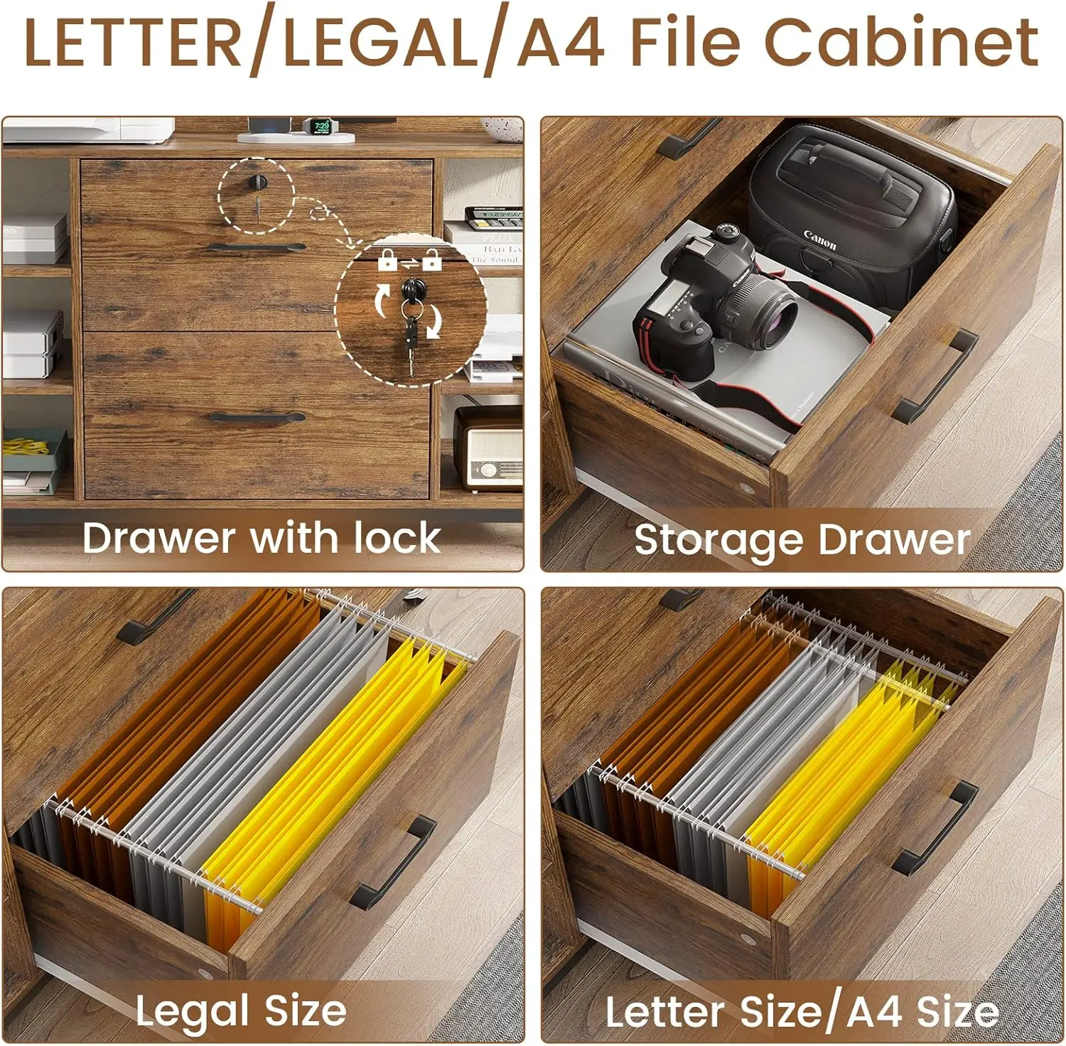 44' 2-Drawer File Cabinet, Legal/Letter Size, Lock, Power Strip, 6 Shelves, Rustic Brown