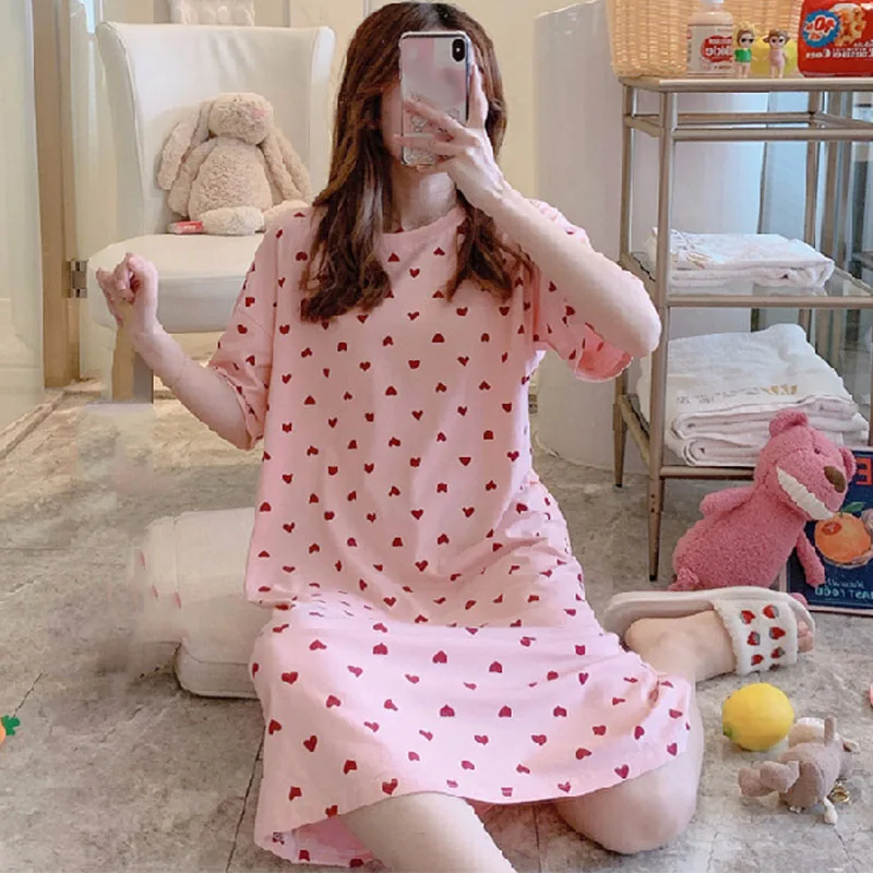 Sleep Dress For Women Summer Female Sleepwear Cute Print Long Nightgown Cartoon Pajama Casual Sleepshirt Elastic Lady Clothing