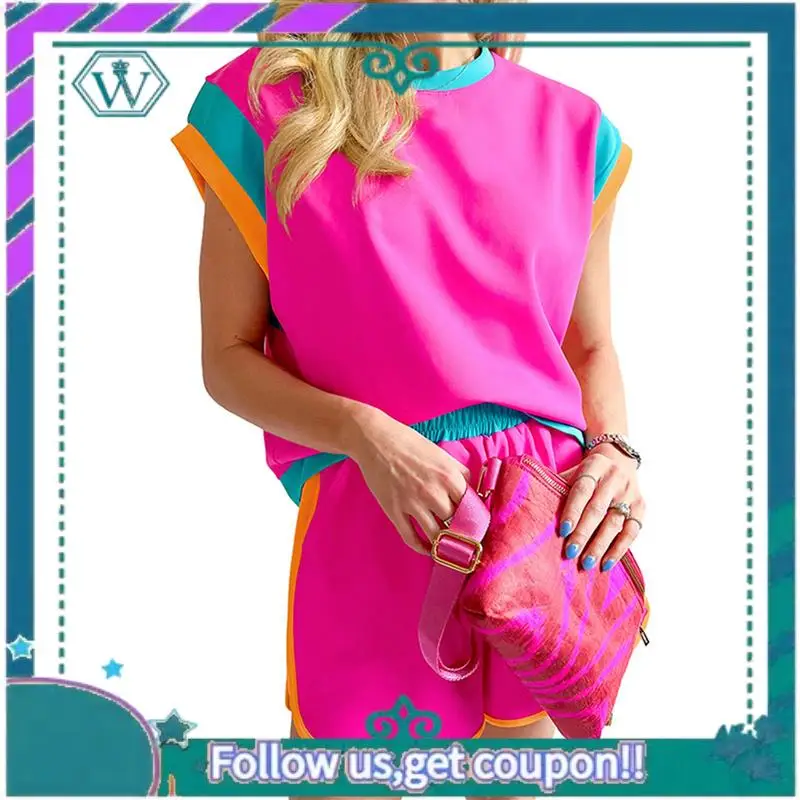 A09P Set da salotto in due pezzi da donna, pullover casual a maniche corte, top, pantaloncini coordinati, set di tute da casa