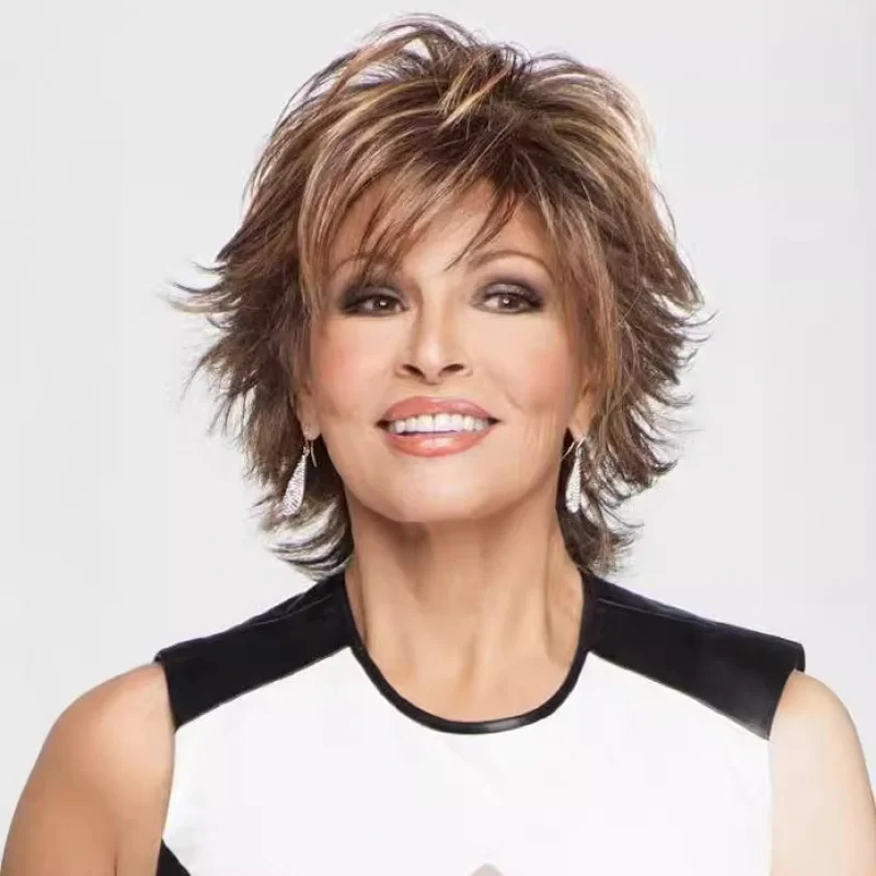 

Best-selling European American women's short , outwardly curled, long straight hair, mixed color brown and gold. Wig