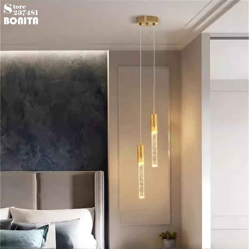 Double Head Crystal Chandelier, Modern Glam Glow Bubble Long Tube Pendant Lamp for Dining Room Kitchen Island Bedside Bathroom