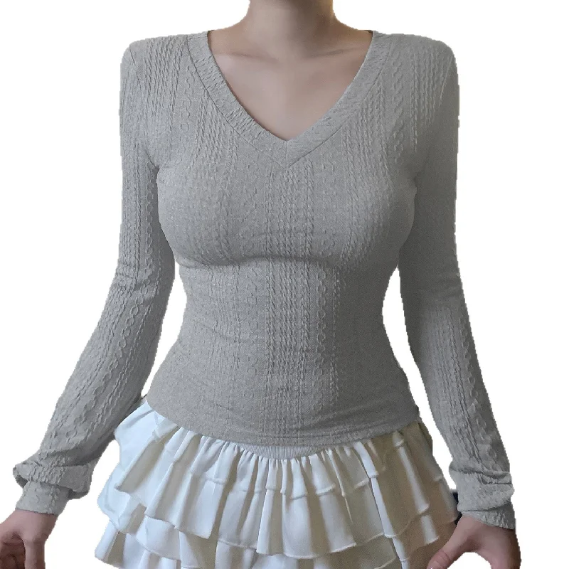 

New Texture Solid Color Casual Knitwear Top For Spicy Girls In Autumn V-neck Long Sleeved T-shirt For Women