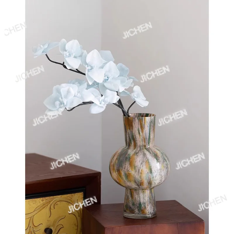 

Ваза из премиального серо-зеленого стекла, декоративное украшение, легкая роскошь, высококлассный декор для гостиной, настольное украшение для цветочных композиций, декор для цветов.