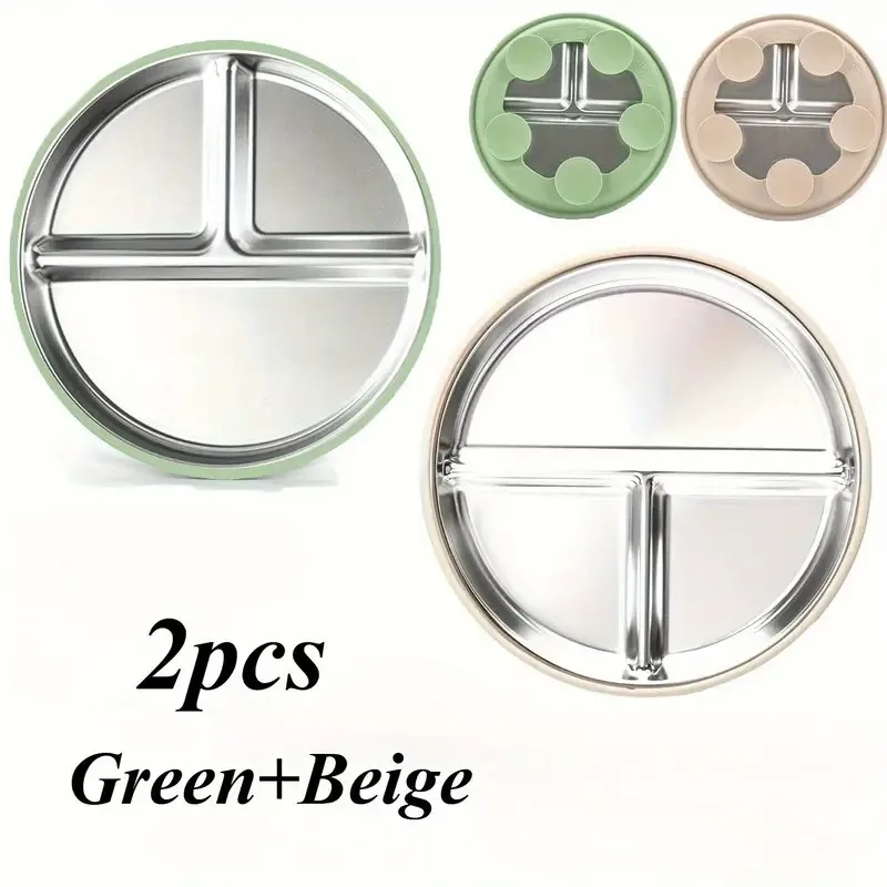2-Piece Stainless Steel Children's Dinner Plates - 21.01cm Divided Plates for Toddlers, with 5 Suction Cups, for Baby Self-Feeding, Leak-Proof Design, Portable and Easy-To-Grip Material, Kitchen and Living Room Supplies