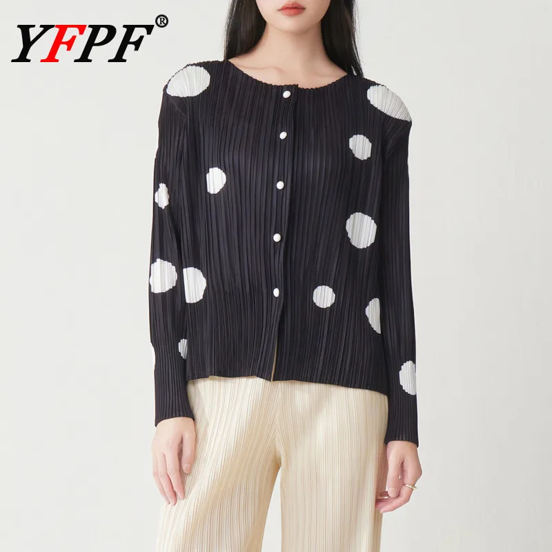 

YFPF Miyake плиссированная женская рубашка, модная блузка с точечным принтом и круглым вырезом, длинными рукавами и пуговицами, повседневная новинка 2025, одежда