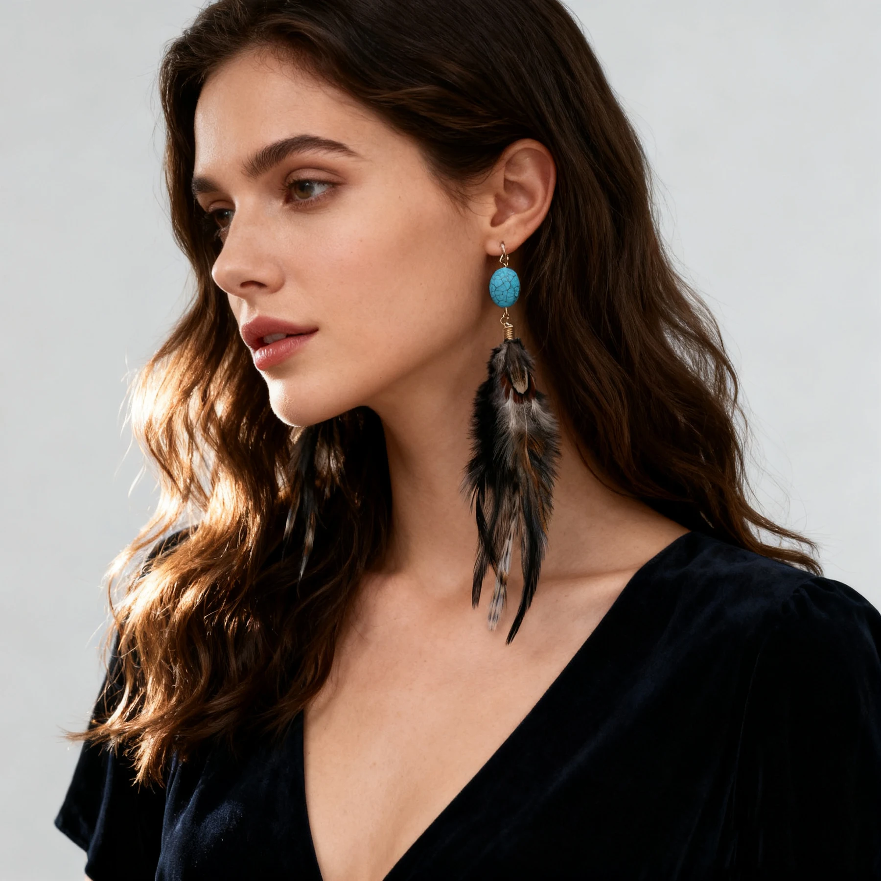 Long Black Blue Feather Turquoise Beads Pendant Earrings for Women New Trendy Boho Indian Festival Party Drop Earrings Jewelry