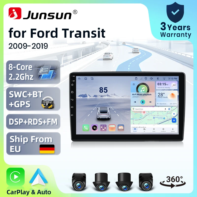 Systèmes stéréo intelligents Android 15 Junsun 9 pouces pour Ford New Transit 2009-2019 Focus 2005-2010, caméra 360°, autoradio, CarPlay sans fil, commande vocale IA, écran tactile IPS, lecteur multimédia intelligent, unité centrale 2 DIN, GPS, Mirror Link, Bluetooth, DSP