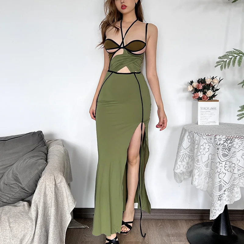 

Halter Spaghetti Strap Lace Up Women's Prom Skirt Ribbon High Split Long Evening Dress Green Hollow Backless Party Gown Newest