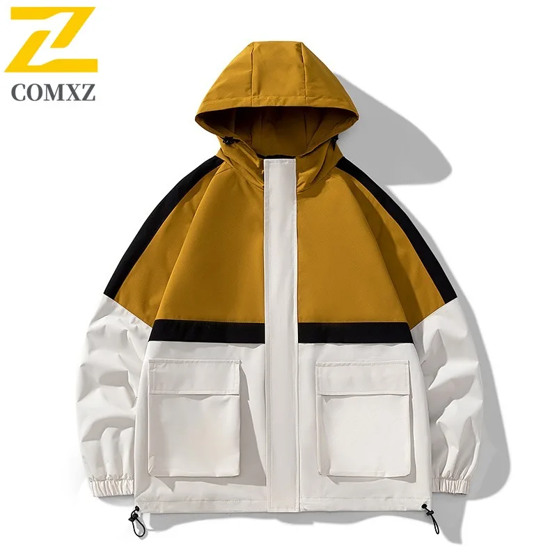 

COMXZ Men Jacket Trendy Splicing Hooded Outdoor Adventure Multi Function Jackets Hiking Travel Wear Resistant Autumn Clothing
