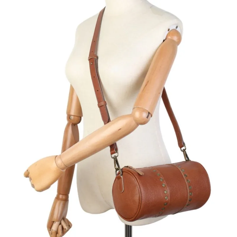 Johnature 2026 New Genuine Leather Rivet Barrel-shaped Bag Retro Soft Cowhide Versatile Women's Shoulder Crossbody Bags