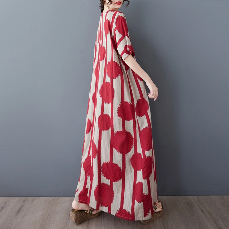 Retro Floral raya punto algodón Lin suelto largo Dr mujer verano fino v-ne ort Sve Casual Sle talla grande Dr