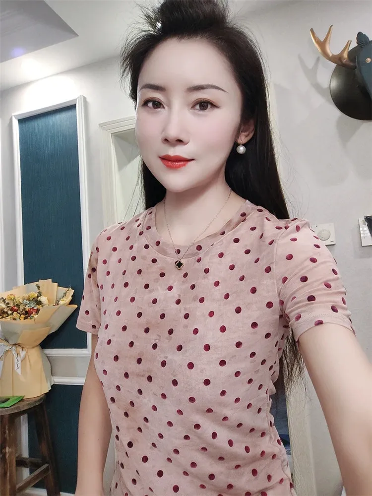 

Slim Fit ort Sve Женская футболка Me в горошек f Sve Summer Faionable Women's Net irt Street Sle round Ne