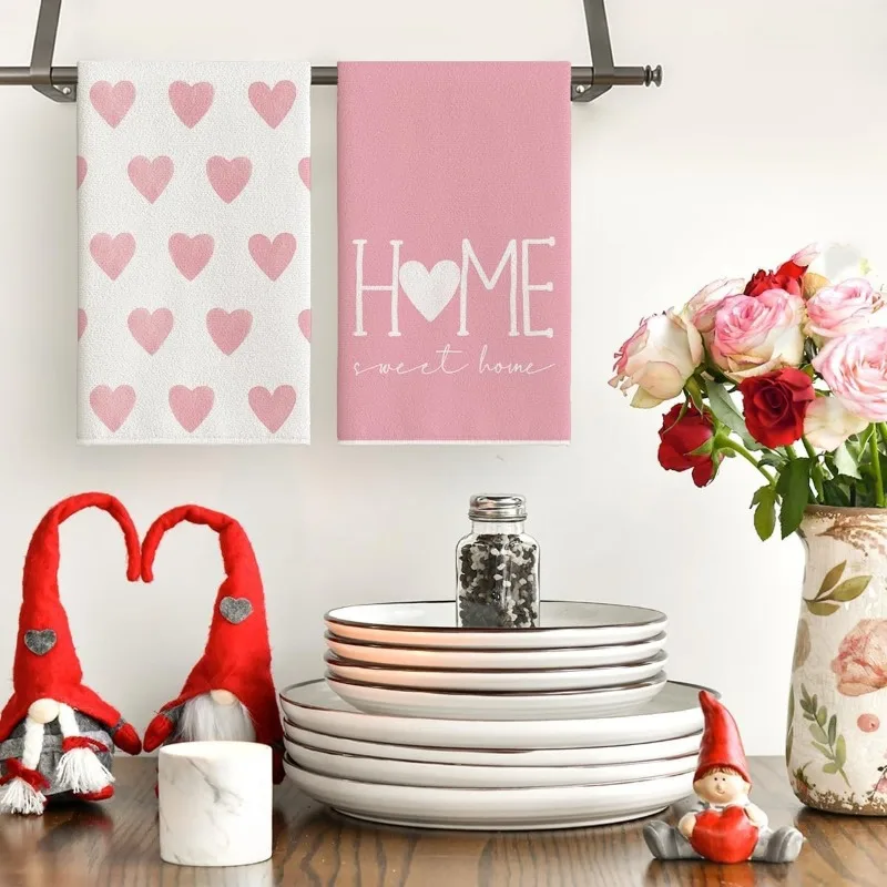 1/2pcs Valentine's Day Kitchen Towels Polyester Dish Cloth with Pink Heart Pattern Home Holiday Decoration Cleaning Towel