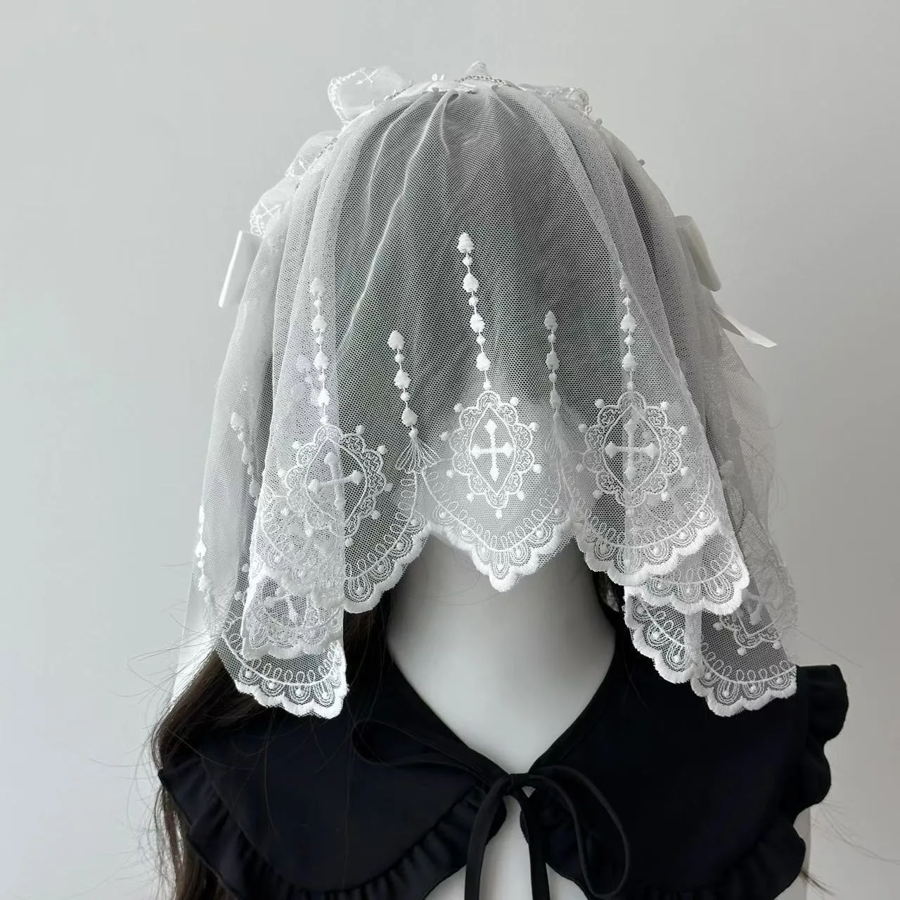 Sous-culture gothique croix blanc voile arc dentelle bandeau nonne Cosplay Anime femme de chambre cheveux accessoires